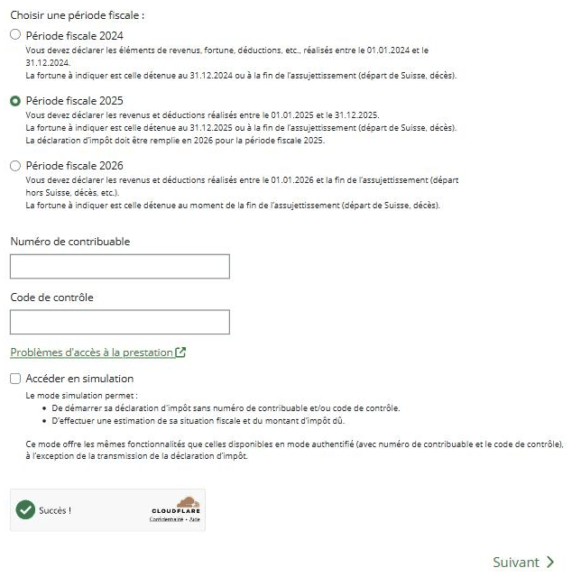 VaudTax : choix de la période fiscale, numéro de contribuable, code de contrôle, bouton Suivant