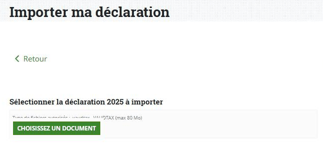 VaudTax : écran « Importer ma déclaration », bouton « Choisissez un document »