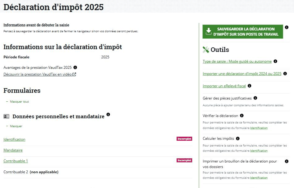 VaudTax : menu de la déclaration, formulaires marqués « Incomplet » en rouge, outil « Vérifier la déclaration »