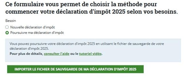 VaudTax : choix de la méthode, option « Poursuivre ma déclaration d'impôt » et bouton d'import du fichier de sauvegarde