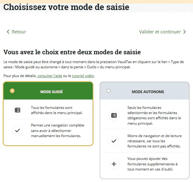 VaudTax : choix du mode de saisie, mode guidé sélectionné, lien « Valider et continuer »
