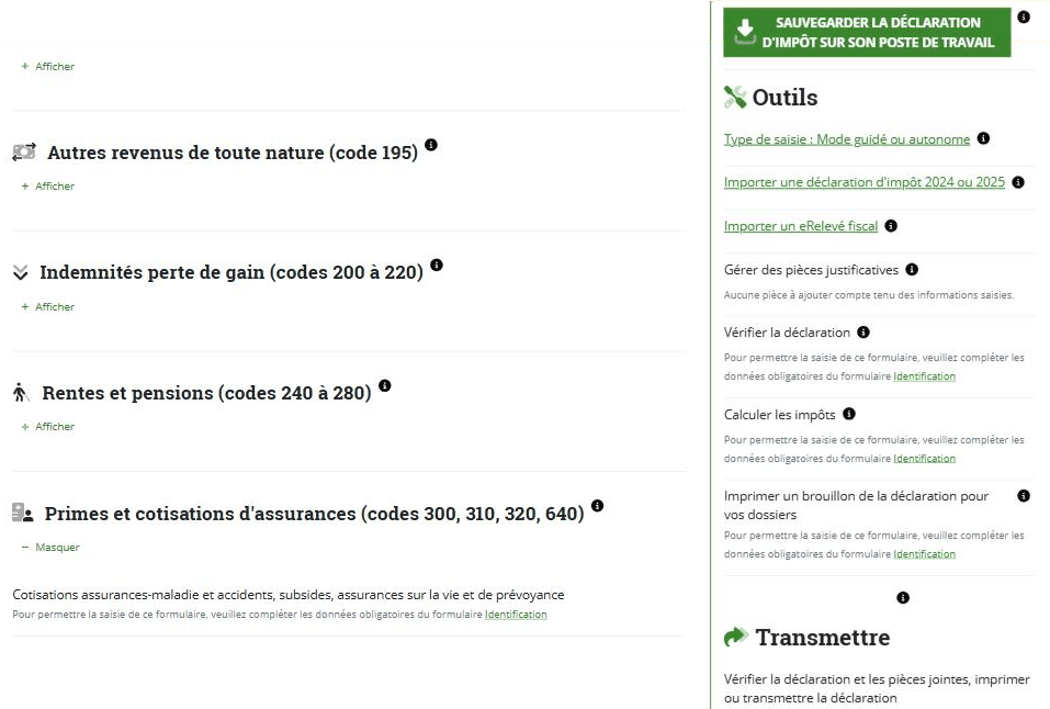 VaudTax : colonne Outils avec le bouton « Sauvegarder la déclaration d'impôt sur son poste de travail » et la section « Transmettre »